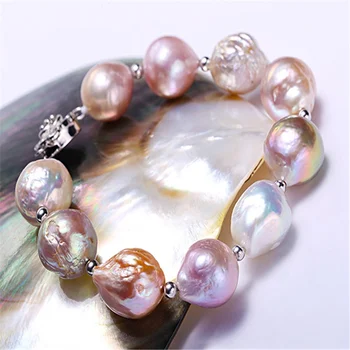 10-12mm baroko spalvotų perlų apyrankė 18K Aukso sagtis 7.5 colių Gamtos Grandinės Klasikinis Dovana Moterims, Papuošalai